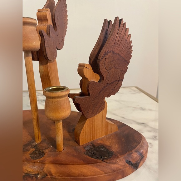 Primitive Wooden Hand Made Triple Angel Taper Candle Stick Holder - Picture 6 of 12